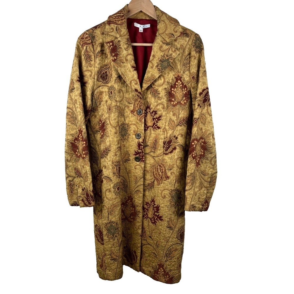 Cabi Brocade Tapestry Trench Car Dress Coat Gold Burgundy Autumn Colors Jacket